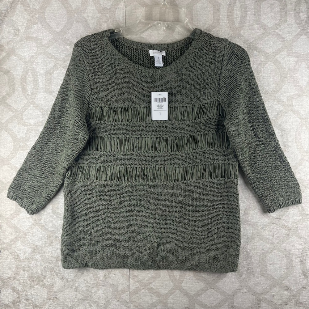 Chico's Tessa Pullover Women 1 M Green NWT Ribbon Detail Knit Sweater 570070440